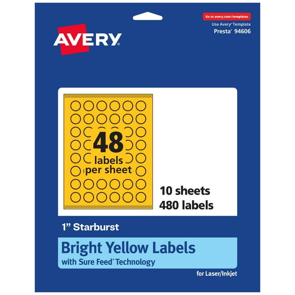 Avery Printable Starburst Labels, Bright Yellow, 1", 480ct