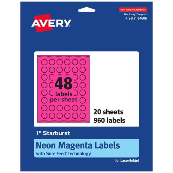 Avery Printable Starburst Labels, Neon Magenta, 1", 960ct