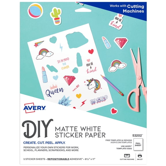Avery Printable Sticker Paper, 8.5" x 11", White, 5 Sheets (53202)