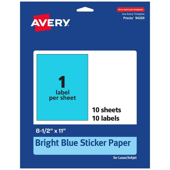 Avery Printable Sticker Paper, Bright Blue, 8.5" x 11", 10ct
