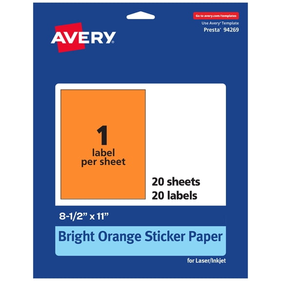 Avery Printable Sticker Paper, Bright Orange, 8.5" x 11", 20ct