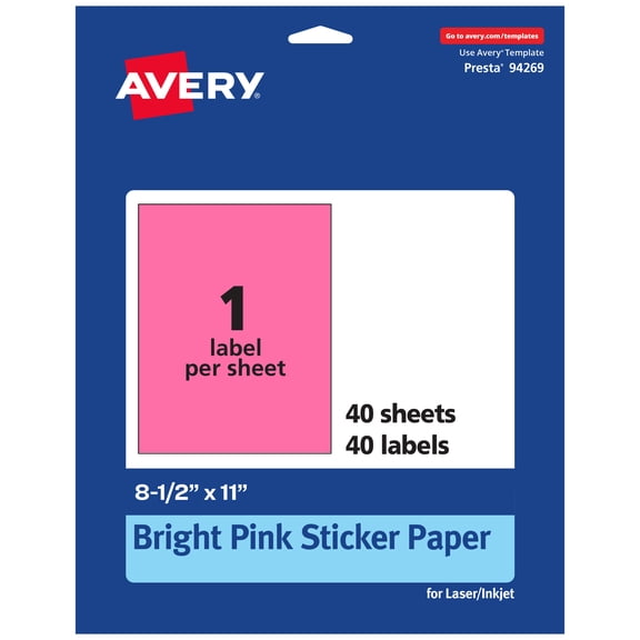 Avery Printable Sticker Paper, Bright Pink, 8.5" x 11", 40ct