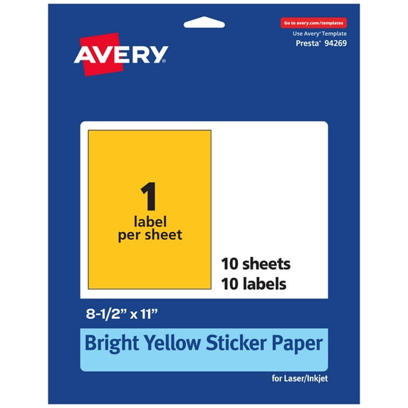Avery Printable Sticker Paper, Bright Yellow, 8.5" x 11", 10ct