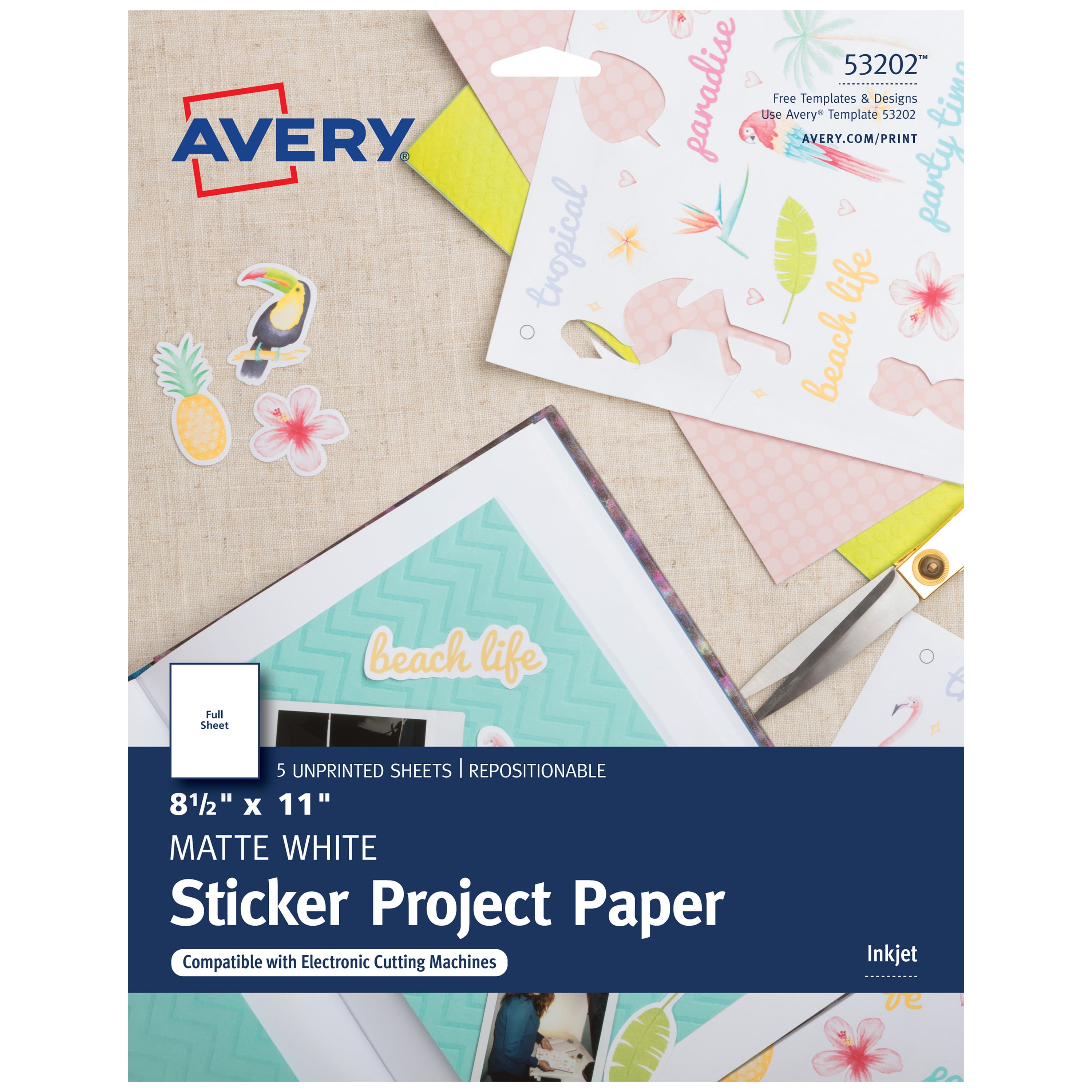 Avery Ink Jet Sticker Paper w/CD 8.5X11-Matte White 5/Pkg