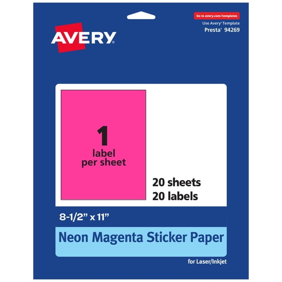 Avery Printable Sticker Paper, Neon Magenta, 8.5" x 11", 20ct
