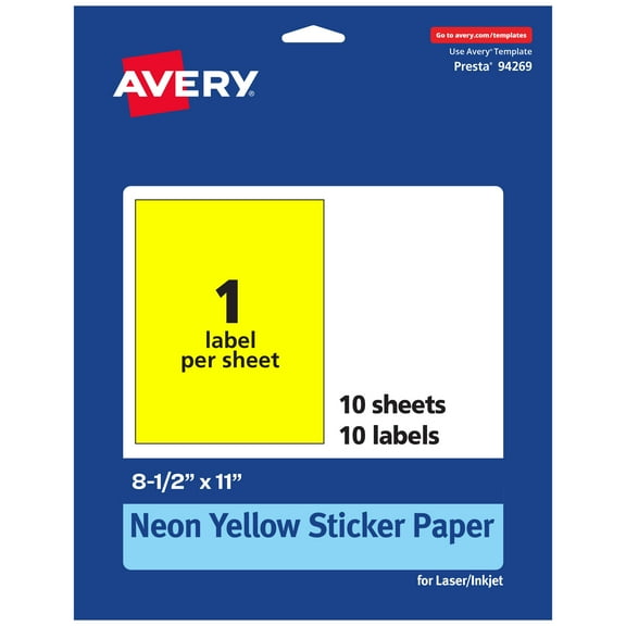 Avery Printable Sticker Paper, Neon Yellow, 8.5" x 11", 10ct