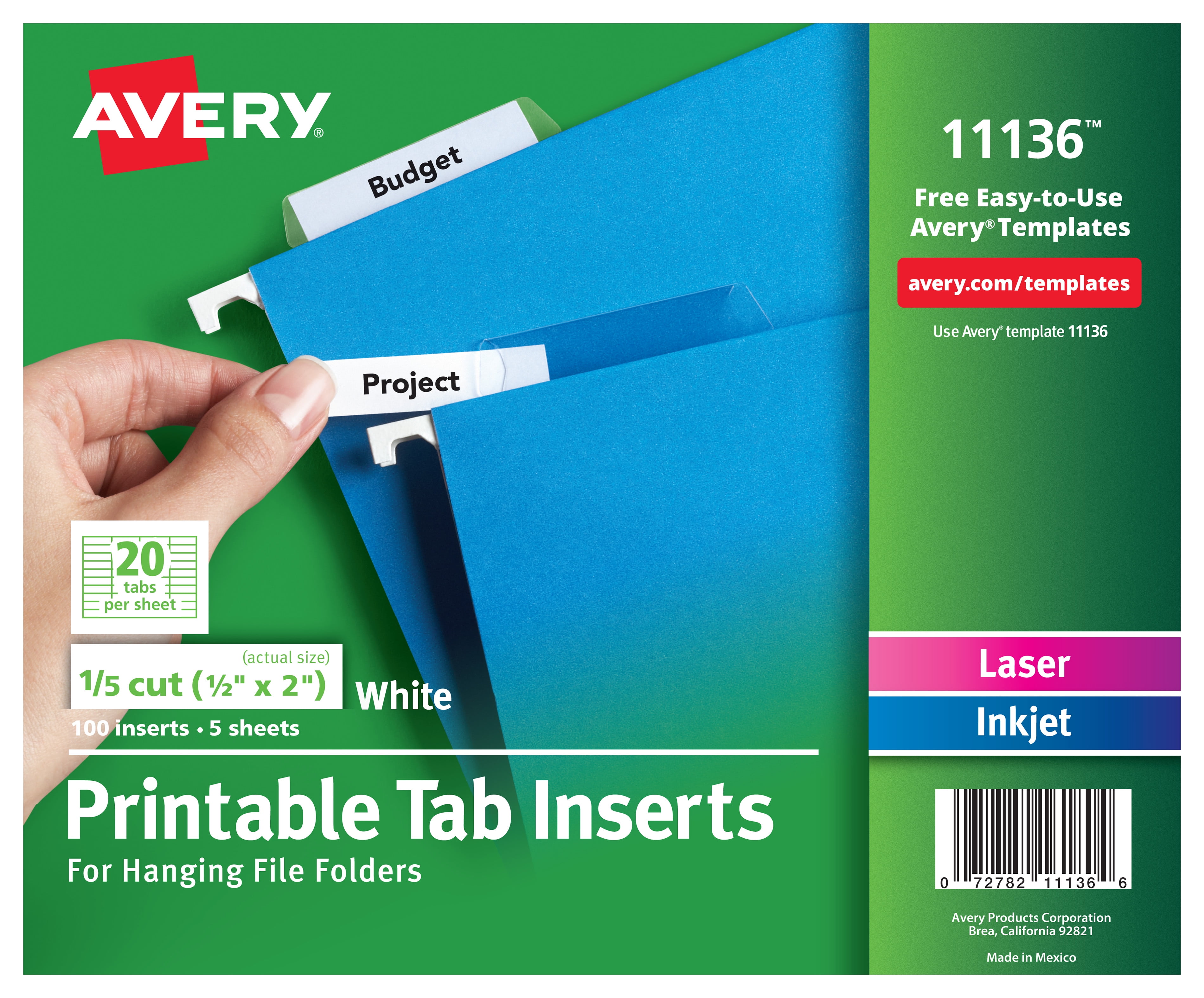 Avery Printable Tab Inserts for Hanging File Folders, 1/2" x 2", 1/5 Cut,  White, 100 Index Tab Inserts (11136) - Walmart.com