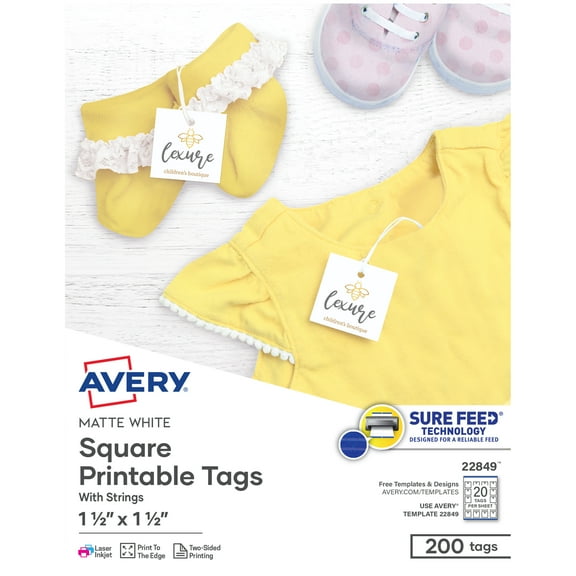 Avery Square Tags with String, 1.5" x 1.5", 200 White Tags (22849)