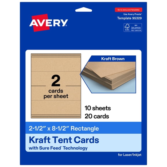 Avery Printable Tent Cards, 2.5" x 8.5", Kraft Brown, 20ct
