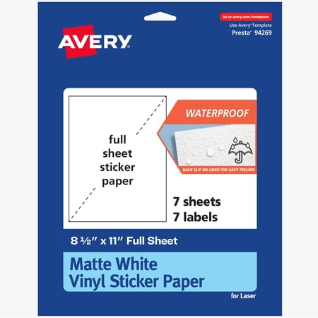 Avery Printable Vinyl Sticker Paper, 8-1/2" x 11", 7 Sheets