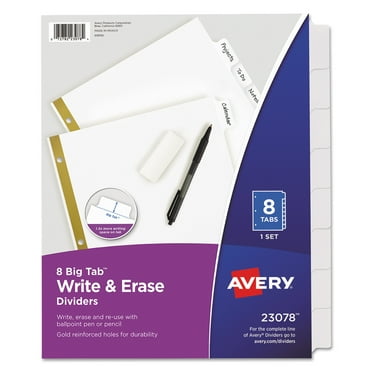 Avery(R) Big Tab(TM) Write & Erase Dividers 23078, 8 White Tabs, 1 Set