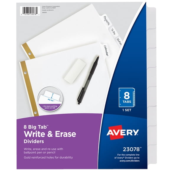 Avery Big Tab Write & Erase Dividers, 8 White Tabs, 1 Set (23078)