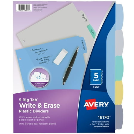 Avery Big Tab Write & Erase Plastic Dividers, 5 Tabs (16170)