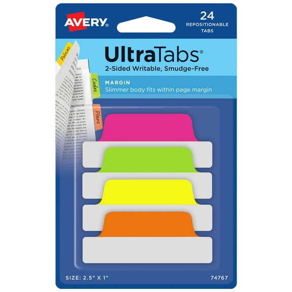 Avery(R) Margin Tab Ultra Tabs(R) 74767, Neon (Pink, Green, Orange, Yellow), 2-1/2" x 1", Pack of 24 Repositionable, Two-Side Writable Tabs