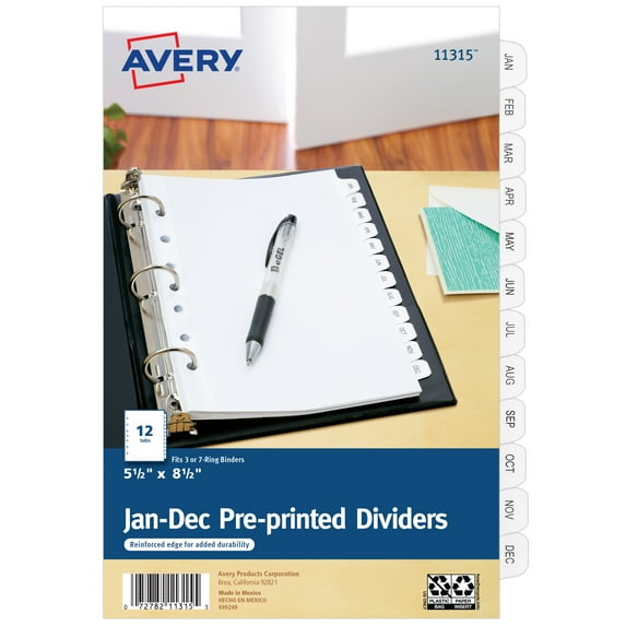 Avery Jan-Dec 12-Tab Mini Dividers, 8.5" x 5.5", 1 Set (11315)