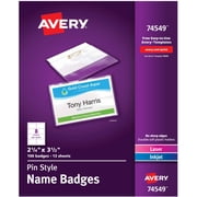 Avery(R) Pin Style Name Badges, Print or Write, 2-1/4" x 3-1/2" , Pins Securely, 100 Inserts & Pin Badge Holders (74549)
