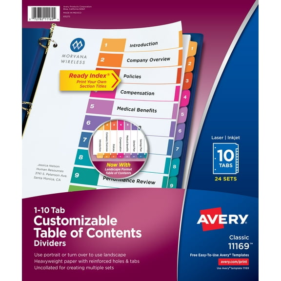 Avery Ready Index 10 Tab Dividers, Customizable TOC, 24 Sets (11169)