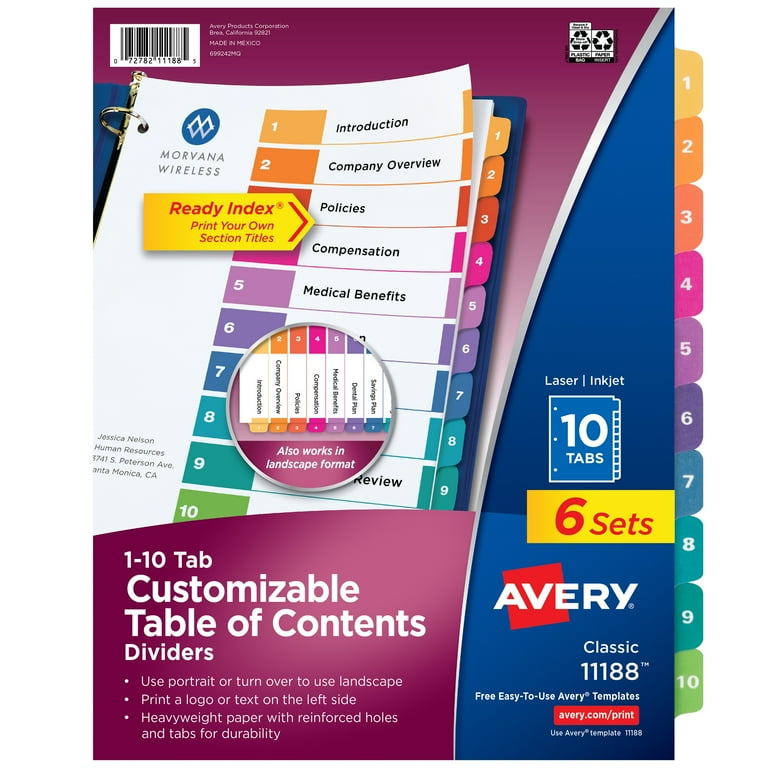 Web Design Index 6, 7, 8 セット Avery 10-Tab Color-Coded Page Insert Dividers, Customizable TOC