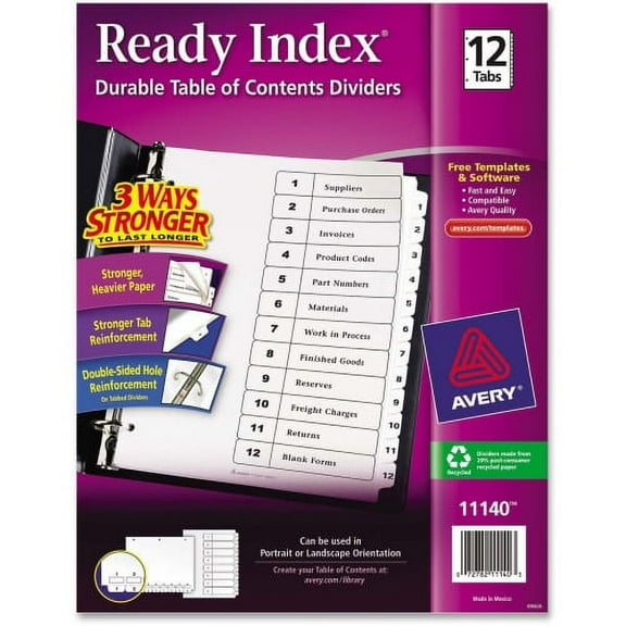 Avery Ready Index 12 Tab Dividers, Customizable TOC, 1 Set (11140) 12 x Divider(s) - 1-12, Table of Contents - 1 Tab(s)/Set - 8.5" Divider Width x 11" Divider Length - 3 Hole Punched - White Paper D