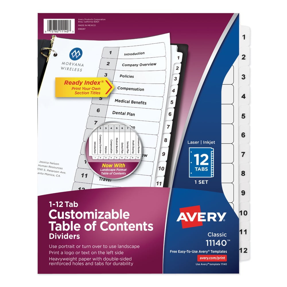 Heavyweight White Paper 12-Tab Customizable Table of Contents Dividers
