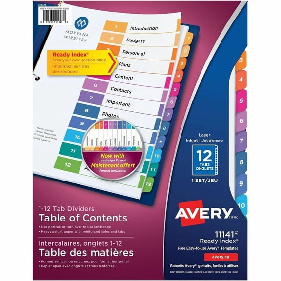 Avery Ready Index 12 Tab Dividers, Customizable TOC, 1 Set (11141)