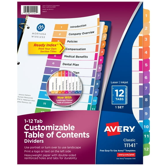 Avery Ready Index 12 Tab Dividers, Customizable TOC, 1 Set (11141)
