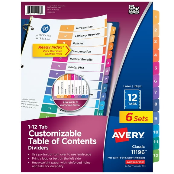 Avery Ready Index 12 Tab Dividers, Customizable TOC, 6 Sets (11196)