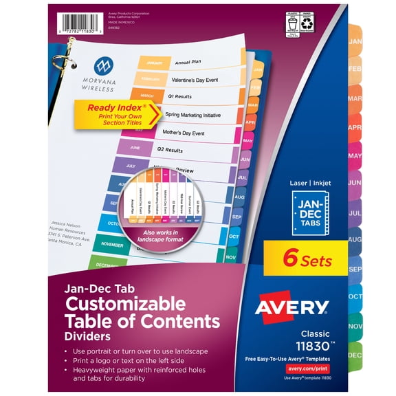 Avery Jan-Dec Dividers, 12 Tabs, Ready Index (6 Sets of 11830)