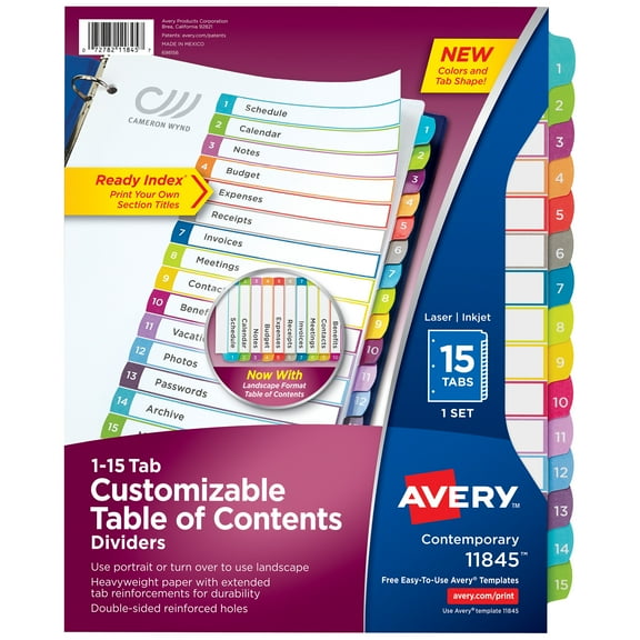 Avery Ready Index 15 Tab Dividers, Customizable TOC, 1 Set (11845)