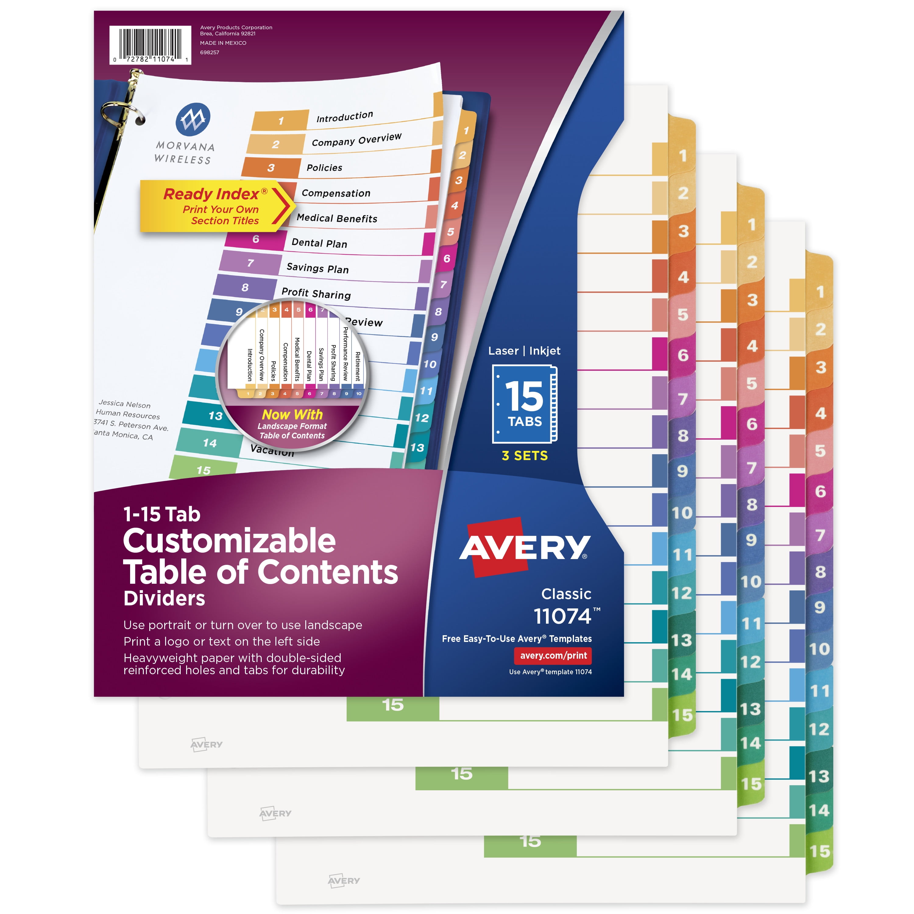 Avery Ready Index 15 Tab Dividers, Customizable TOC, 3 Sets (11074)