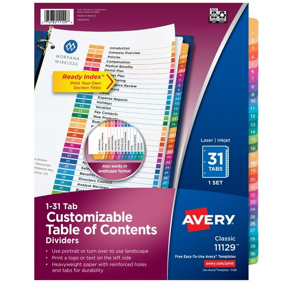 Avery 1-31 Dividers, 31 Tabs, Ready Index, Multicolor Tabs (11129)