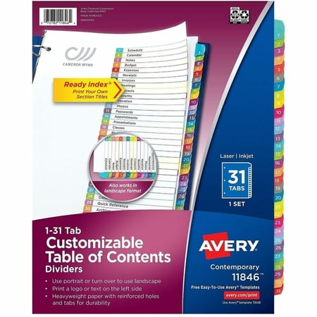 Avery - Ready Index Table of Contents Paper Dividers, 1-31 Tabs, Contemporary - Multicolor