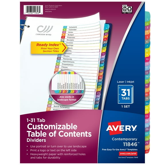 Avery 1-31 Dividers, 31 Tabs, Ready Index, Arched Tabs (11846)