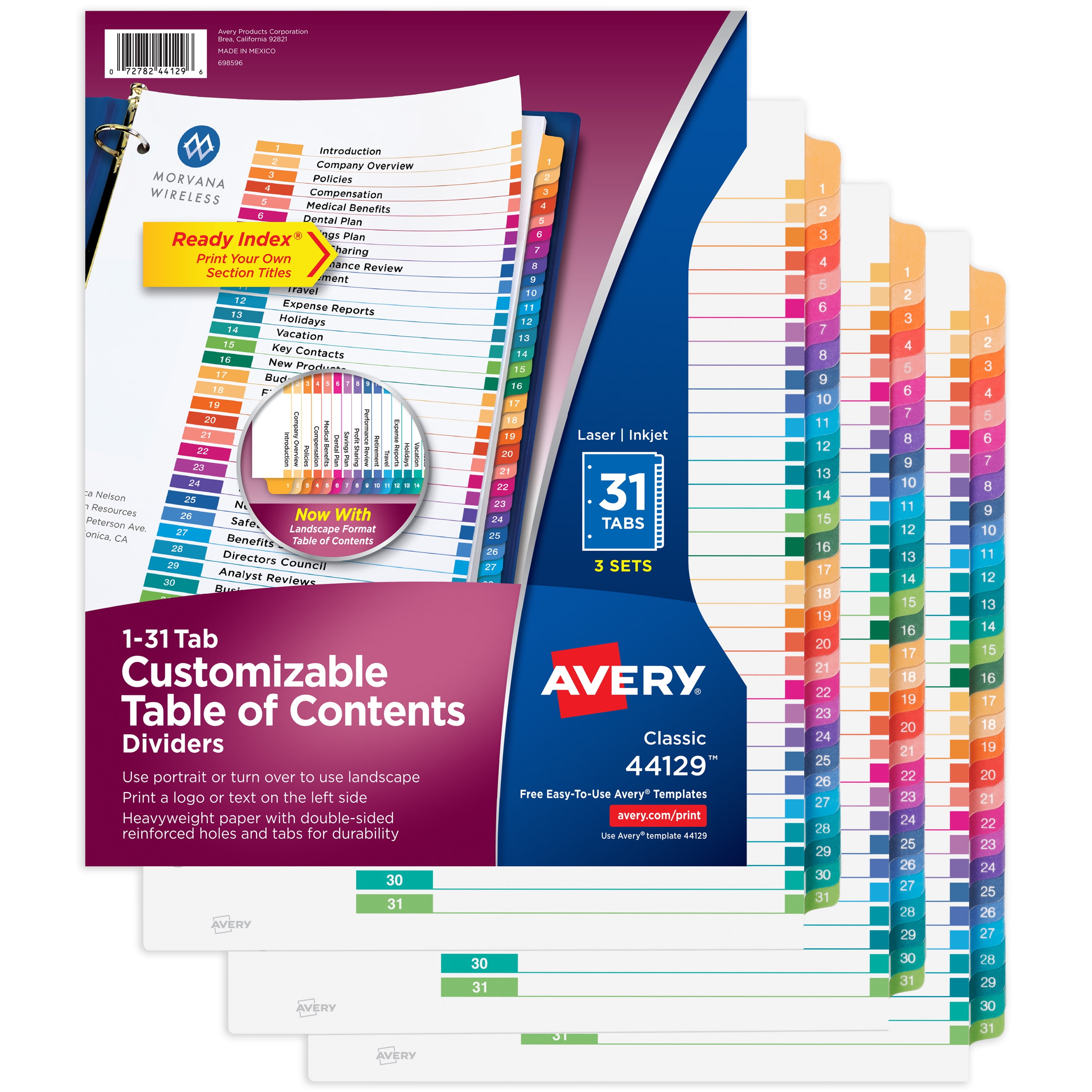 Avery 1-31 Tab Dividers For 3 Ring Binders - Customizable Table Of Contents, Multicolor Tabs, 12 Packs