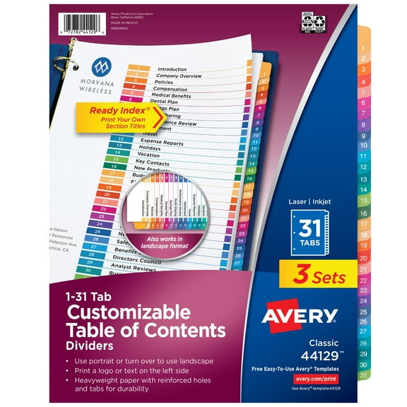Avery 1-31 Dividers, 31 Tabs, Ready Index (3 Sets of 44129)