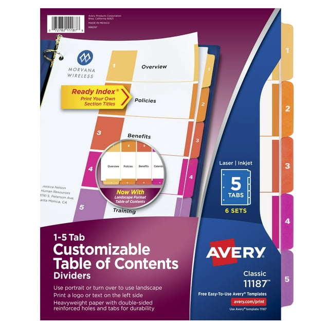 Avery Ready Index 5 Tab Dividers, Customizable TOC, 6 Sets (11187)