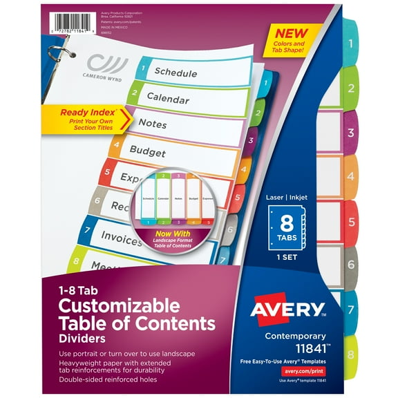 Avery Ready Index 8 Tab Dividers, Customizable TOC, 1 Set (11841)