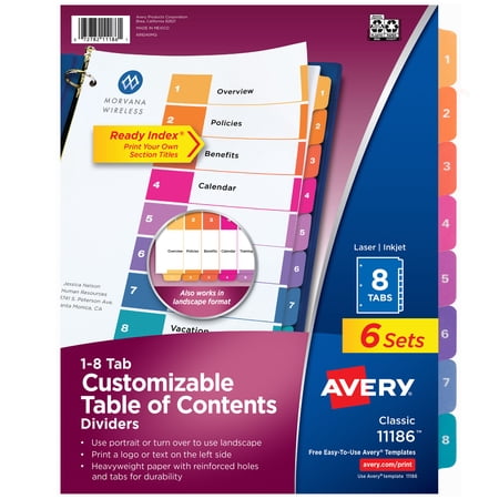 Avery Ready Index 8 Tab Dividers, Customizable TOC, 6 Sets (11186)