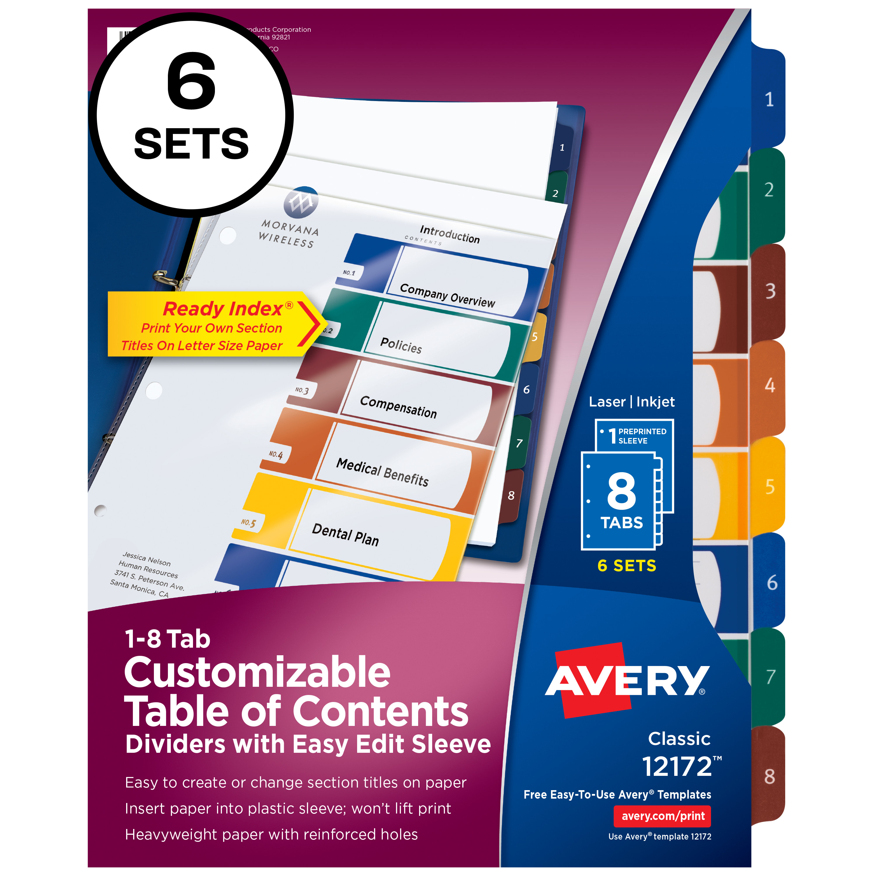 Avery Ready Index Easy Edit 8 Tab Binder Dividers, Customizable Table of Contents, Multicolor Tabs, 6 Sets (12172)