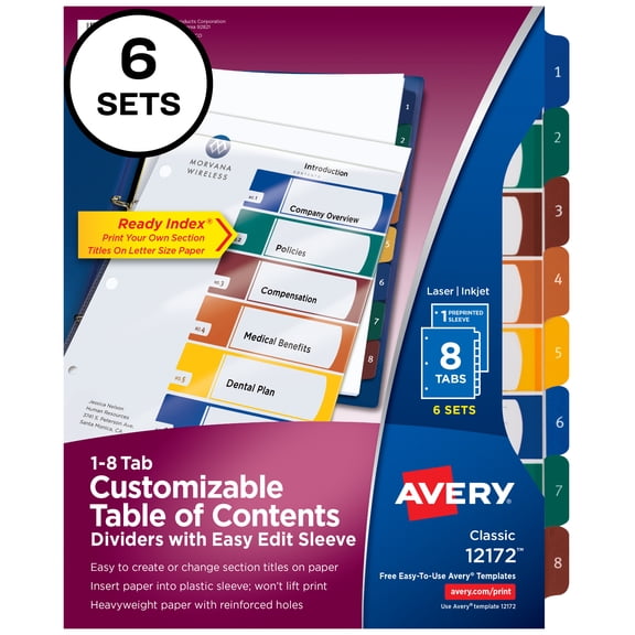 Avery Ready Index 8 Tab Dividers, Customizable TOC, 6 Sets (12172)