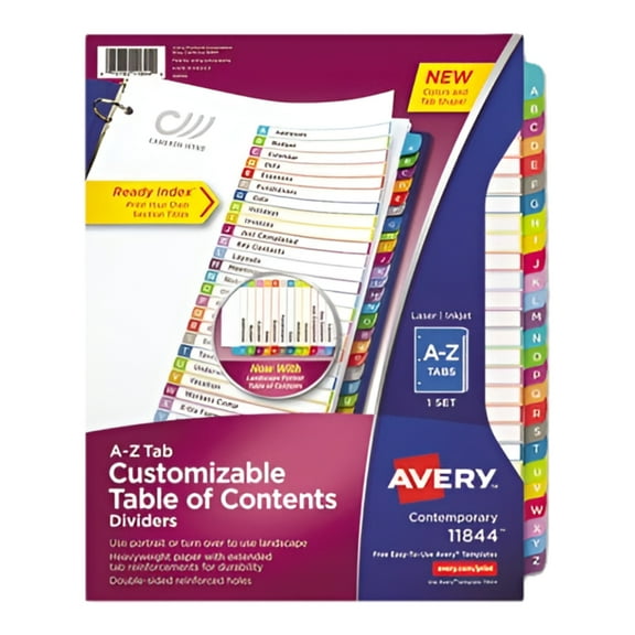 Avery Ready Index A-Z 26 Tab Dividers, Customizable TOC, 1 Set (11844) 26 x Divider(s) - A-Z, Table of Contents - 1 Tab(s)/Set - 8 1/2" Width x 11" Length - 3 Hole Punched - White Paper Divider - Mu