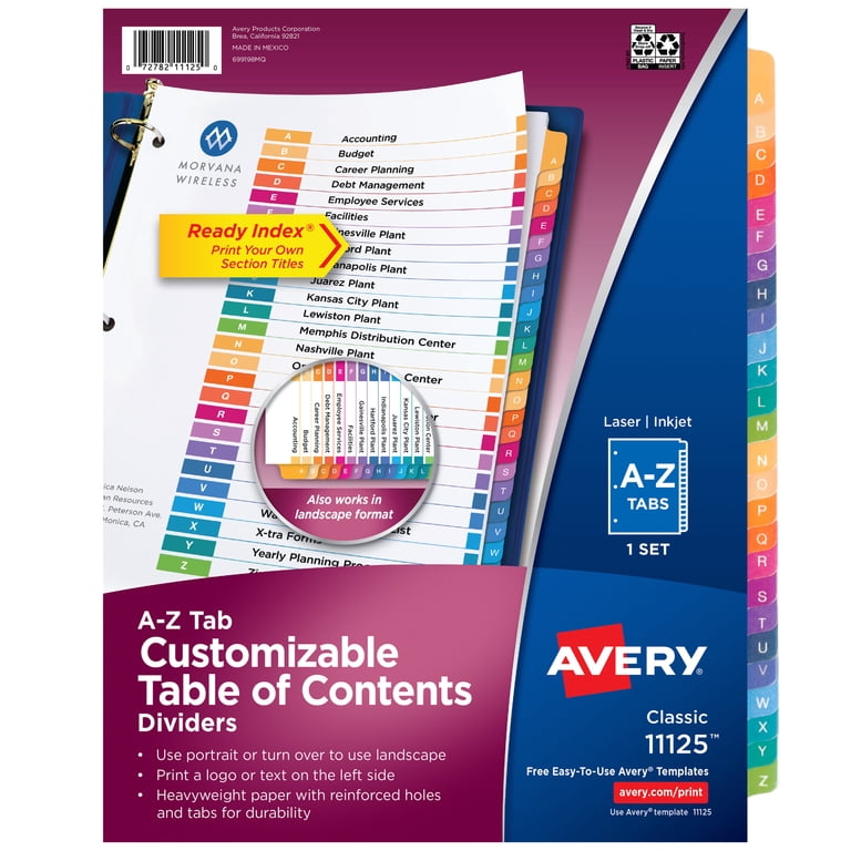 Avery A-Z Tab Dividers, Customizable Table of Contents, Colored