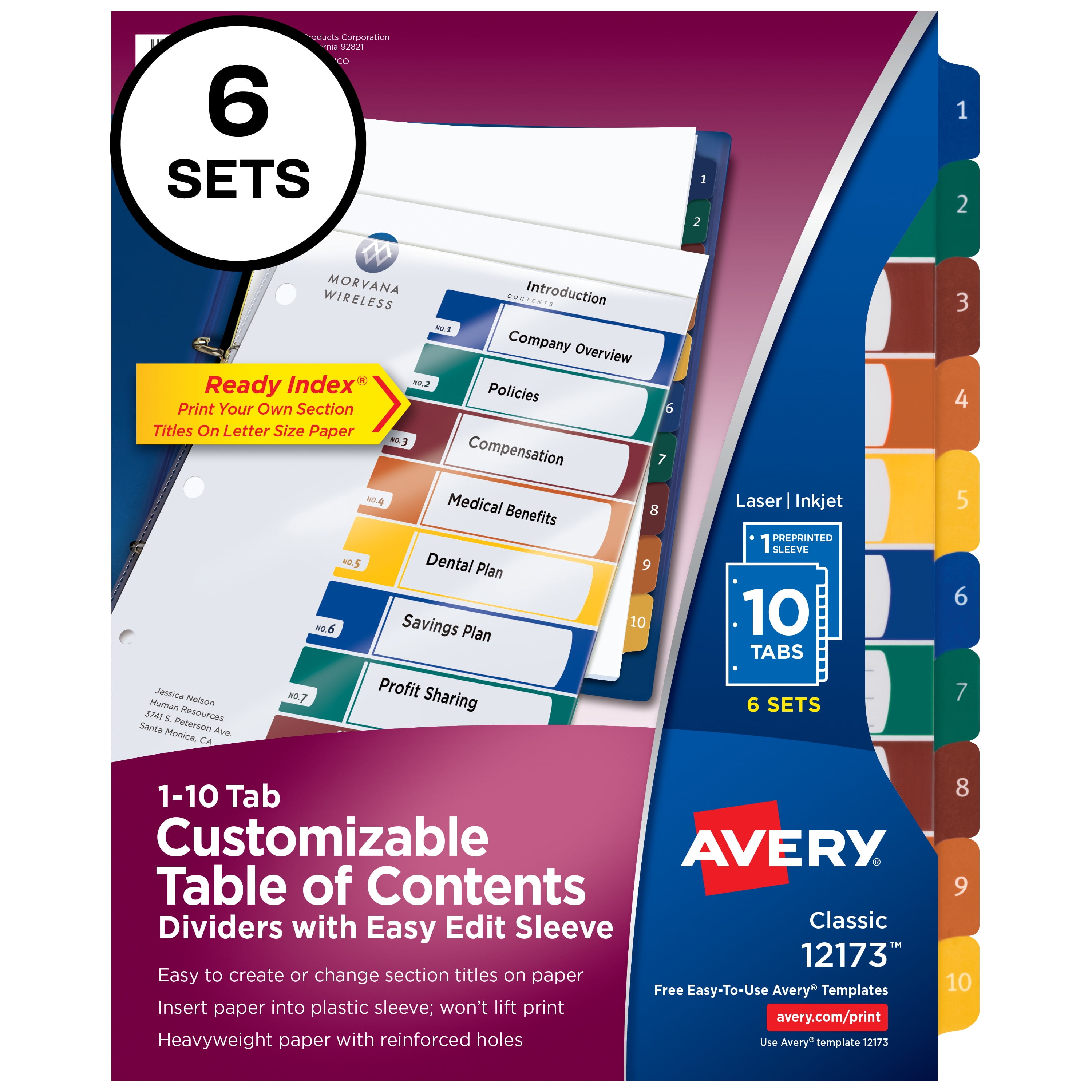 Avery Ready Index Customizable Table of Contents Asst Dividers 10Tab