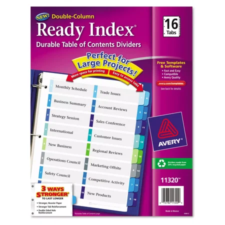 Avery Ready Index Customizable Table of Contents Double Column Dividers 16-Tab