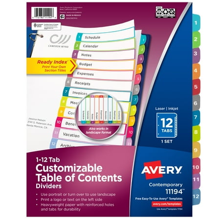 Avery Dividers, 12 Tabs, Ready Index, Contemporary Tabs (11194)