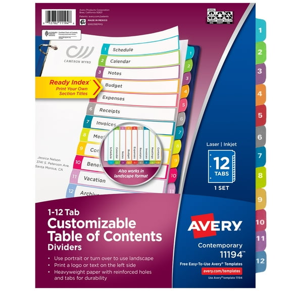 Avery Dividers, 12 Tabs, Ready Index, Contemporary Tabs (11194)