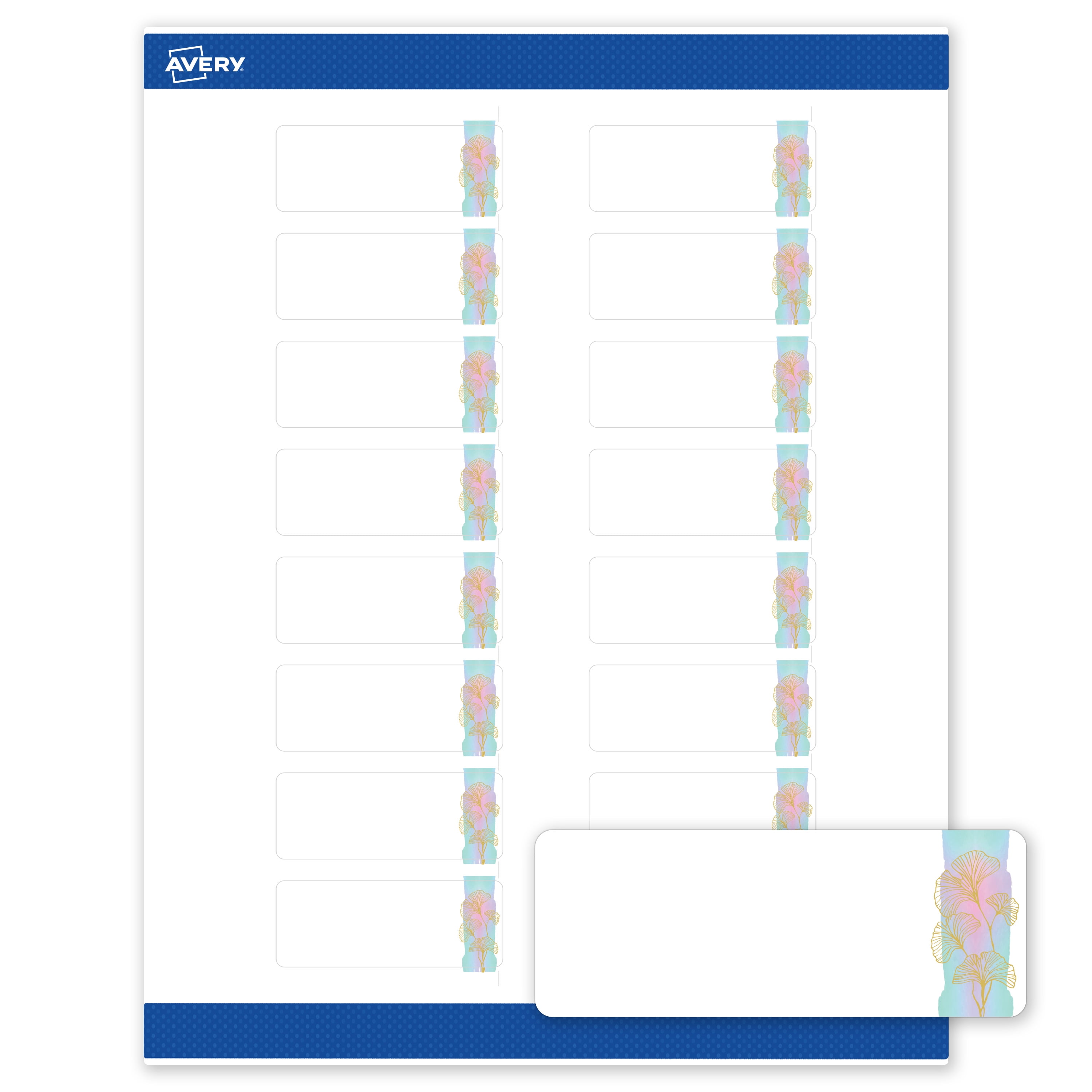 Avery Rectangle Address Labels, Floral Design, 1" x 2-5/8", Matte, Watercolors with Gold Ginkgo Leaves