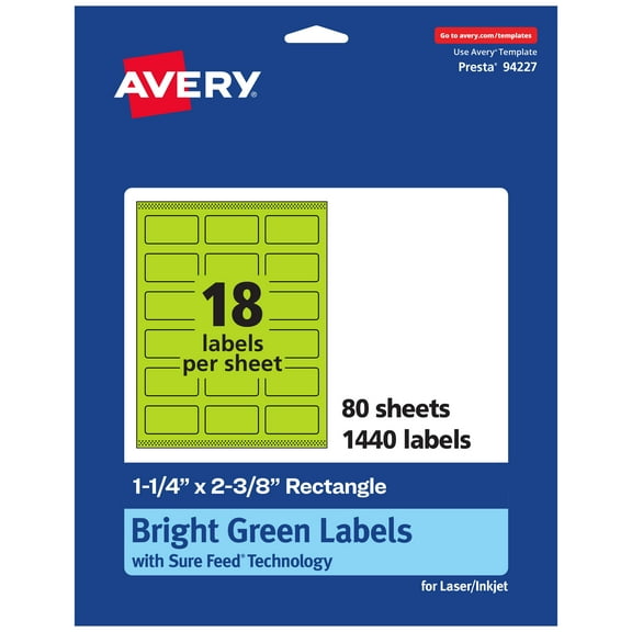 Avery Rectangle Labels, Bright Green, 1-1/4" x 2-3/8", 1,440ct