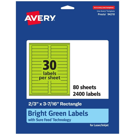Avery Rectangle Labels, Bright Green, 2/3" x 3-7/16", 2,400ct