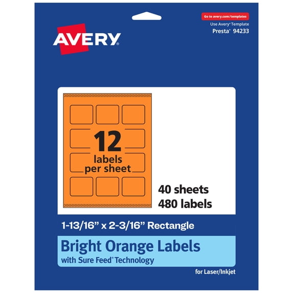 Avery Rectangle Labels, Bright Orange, 1-13/16" x 2-3/16", 480ct